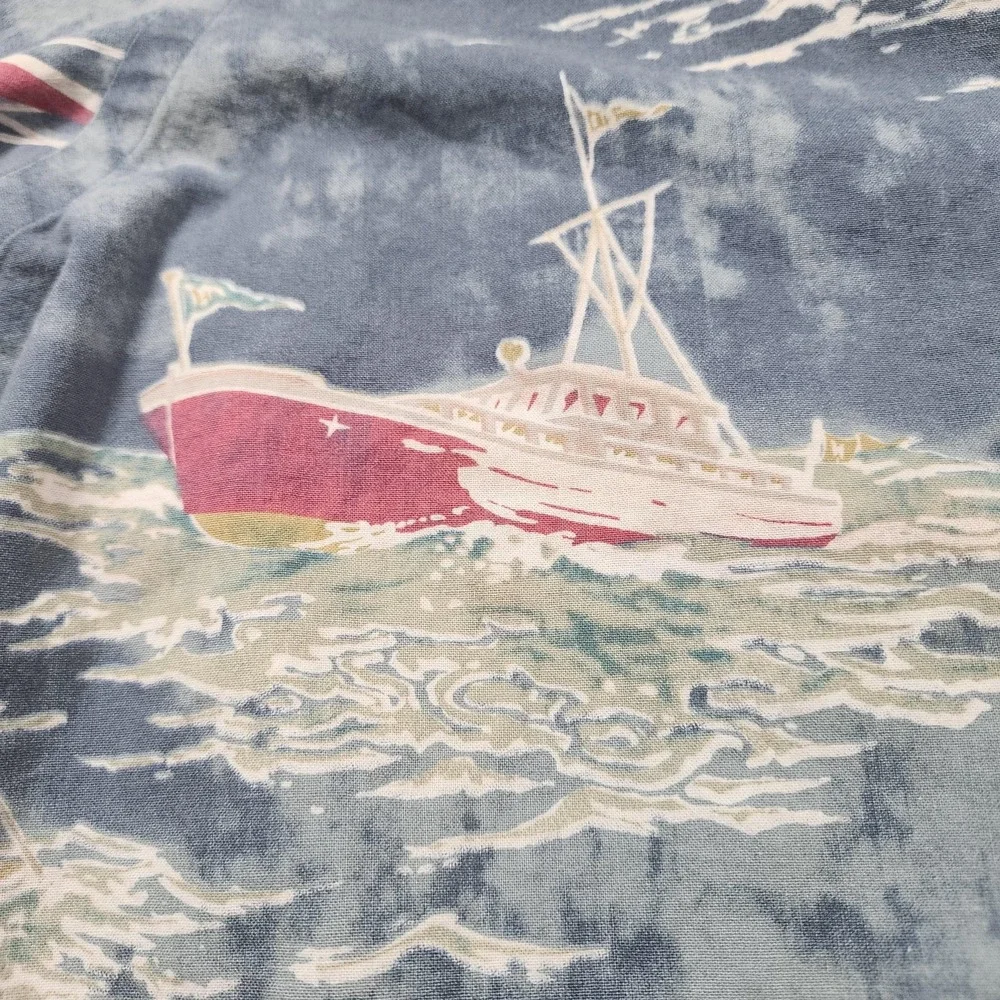 Ralph Lauren Vintage Camp Shirt Mens Medium Blue Loop Sailing Boats Hawaiian AOP